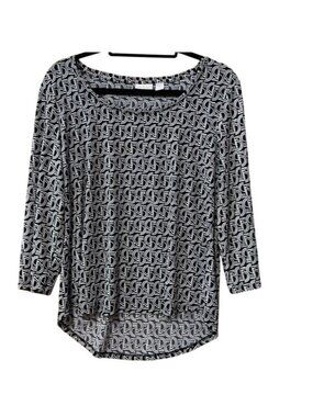 Chico's Geometric Tunic Top Black White 3/4 Sleeve Stretch Size 2 Large